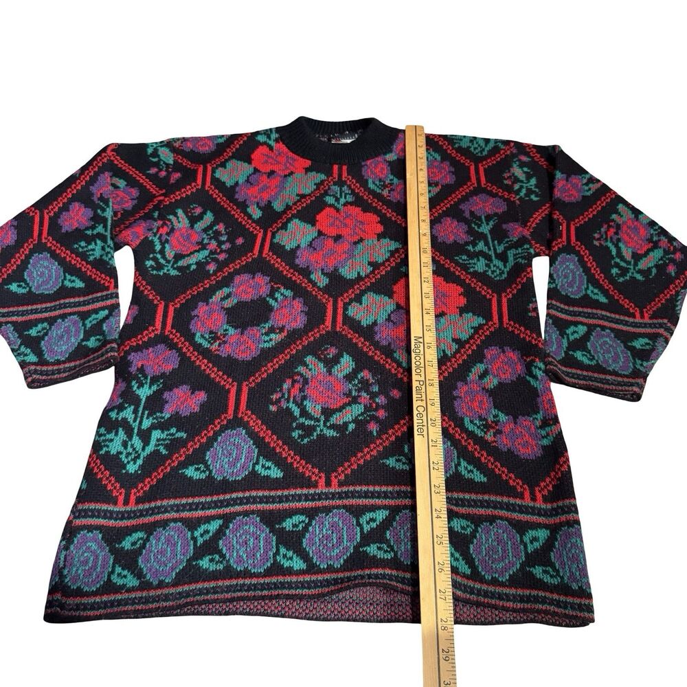 Vintage 80s Headliners pink green floral henley sweatshirt Med black USA - Picture 5 of 10